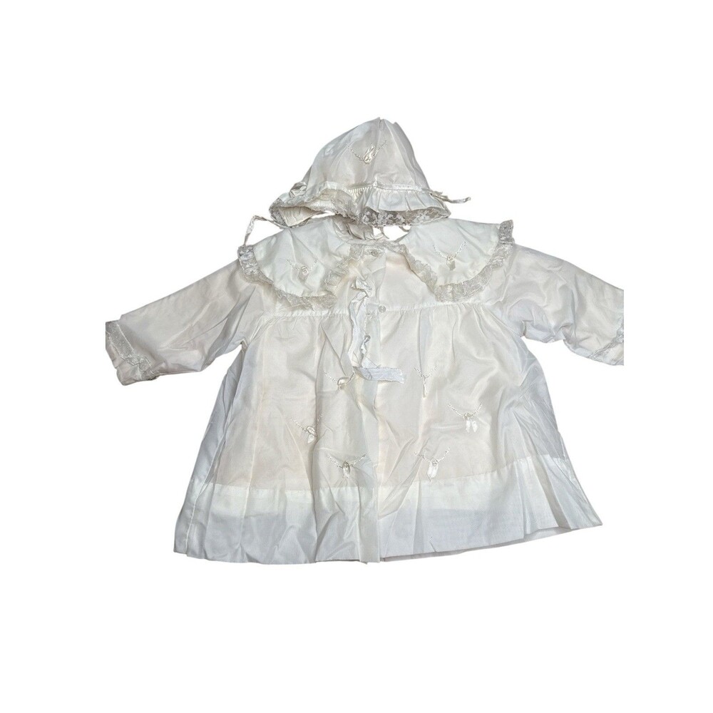 Vintage Baby Christening Coat Bonnet Set Ivory Lace Embroidered 2 Piece